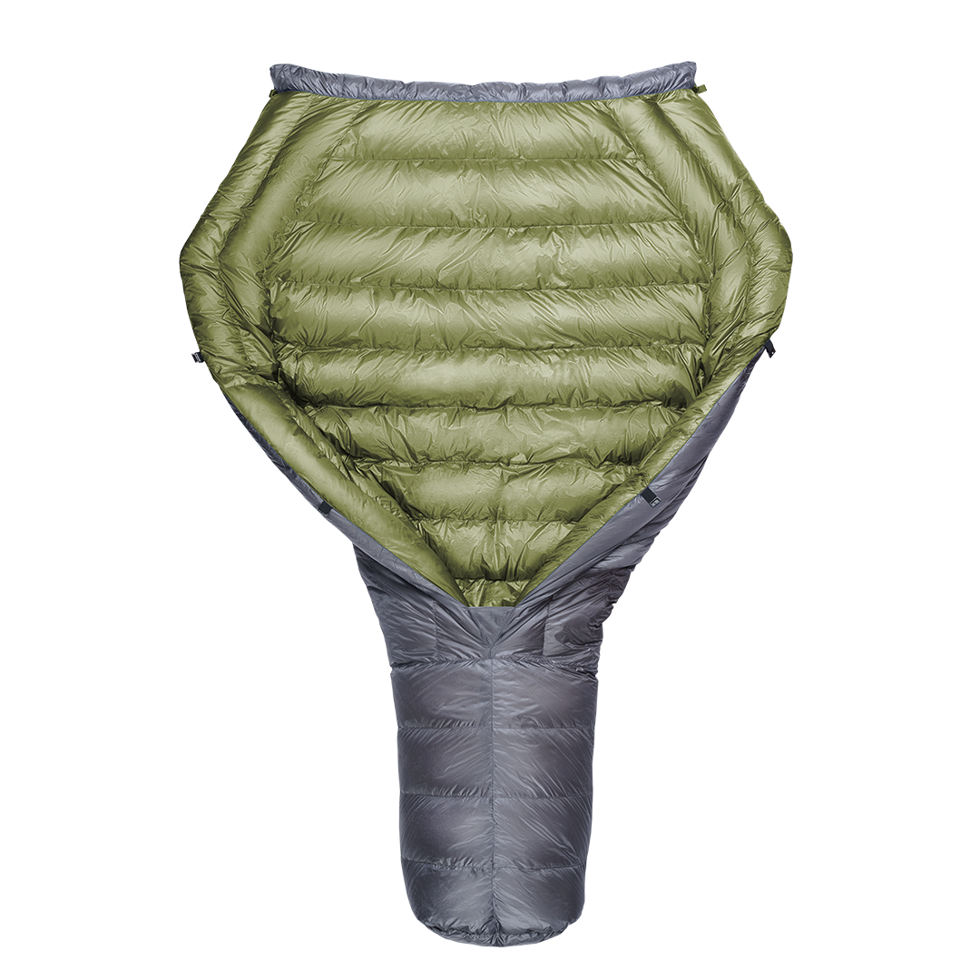 A green and gray StormLoft Down TopQuilt, designed for use as a sleeping pad top quilt to insulate against cold drafts.