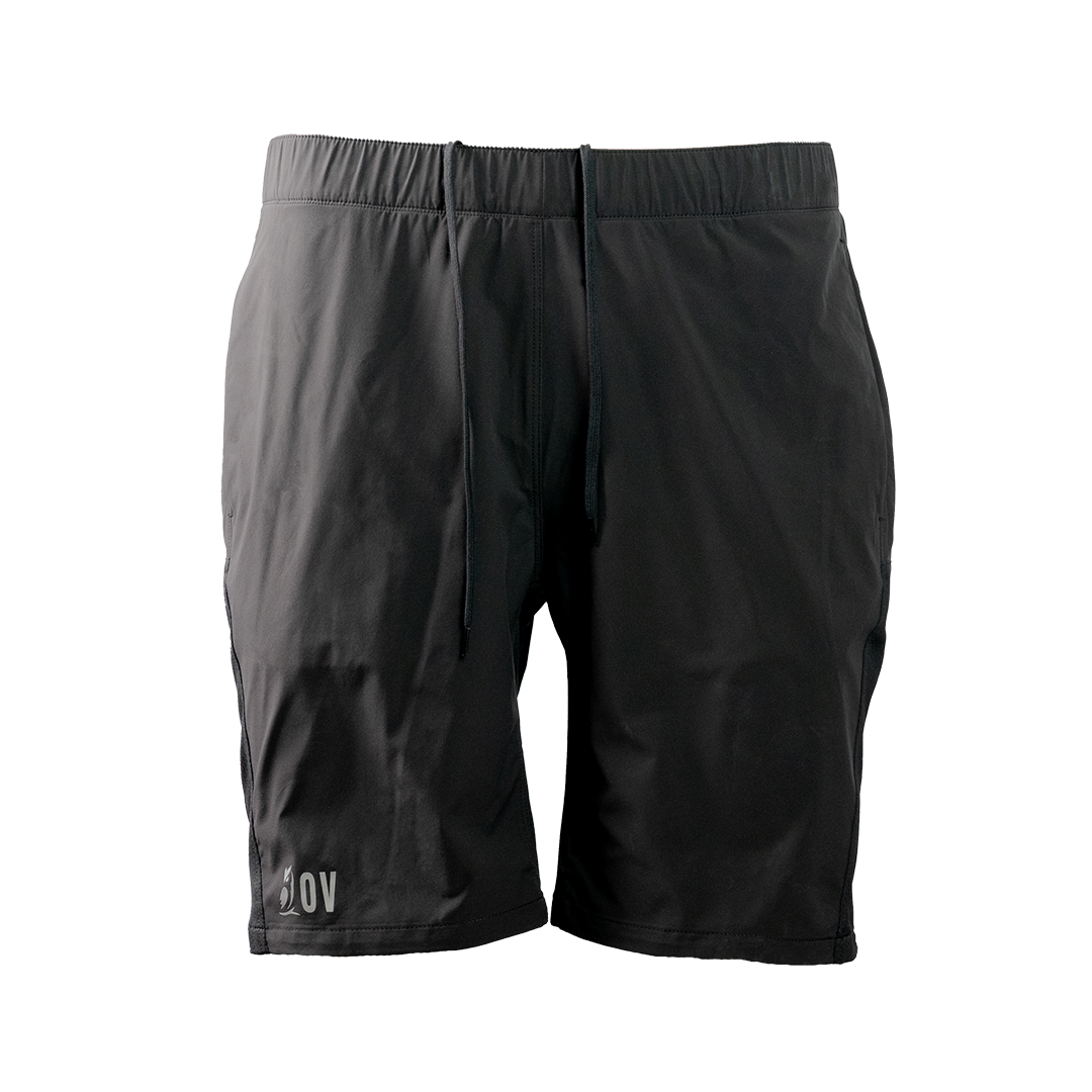 front view of men's black trail shorts for hiking and running