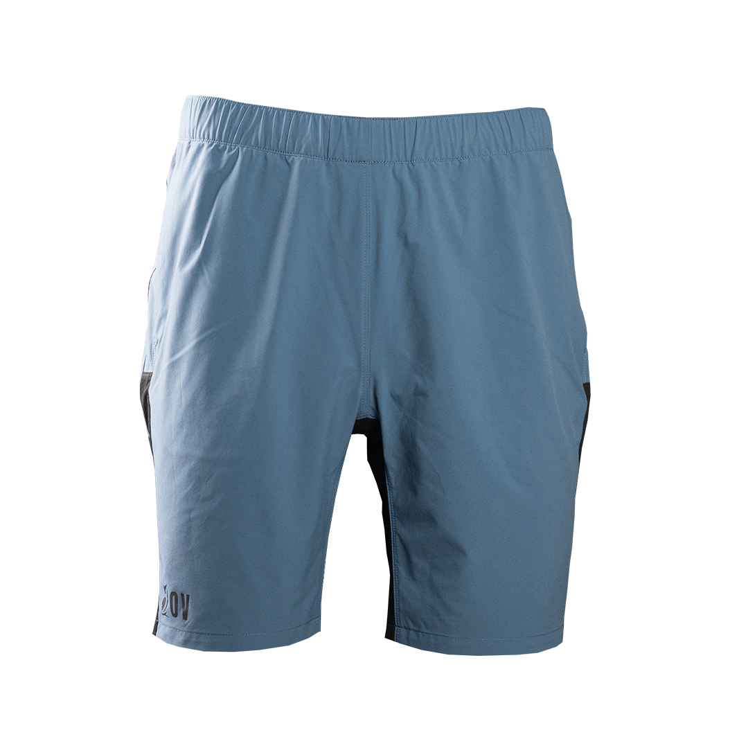 front view of blue trail shorts for hiking & running