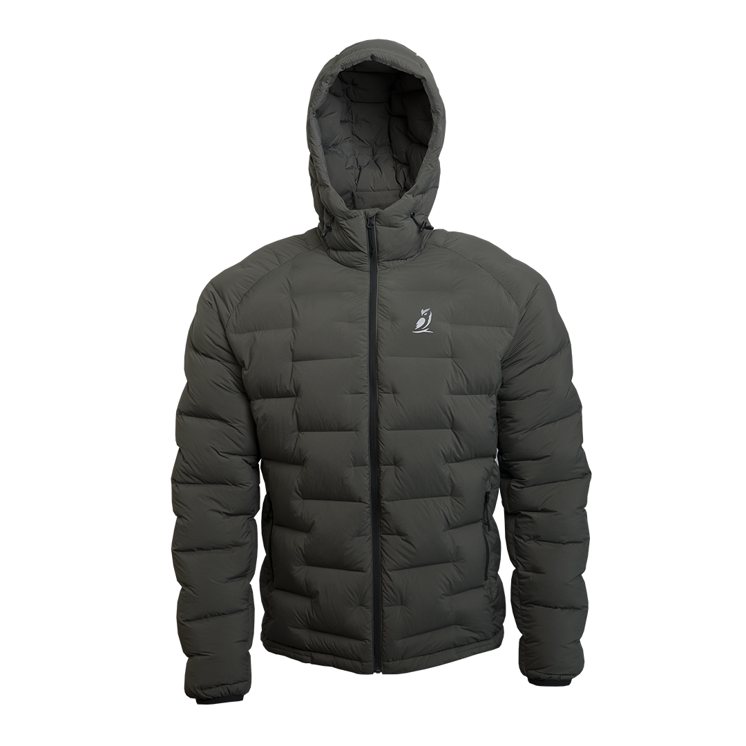 Outdoor Vitals Vantage Alpine Down Jacket in Chimera gray – straight front view with hood, alpine-ready ultralight insulation