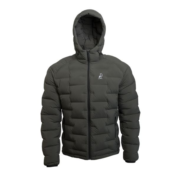 Outdoor Vitals Vantage Alpine Down Jacket in Chimera gray – straight front view with hood, alpine-ready ultralight insulation