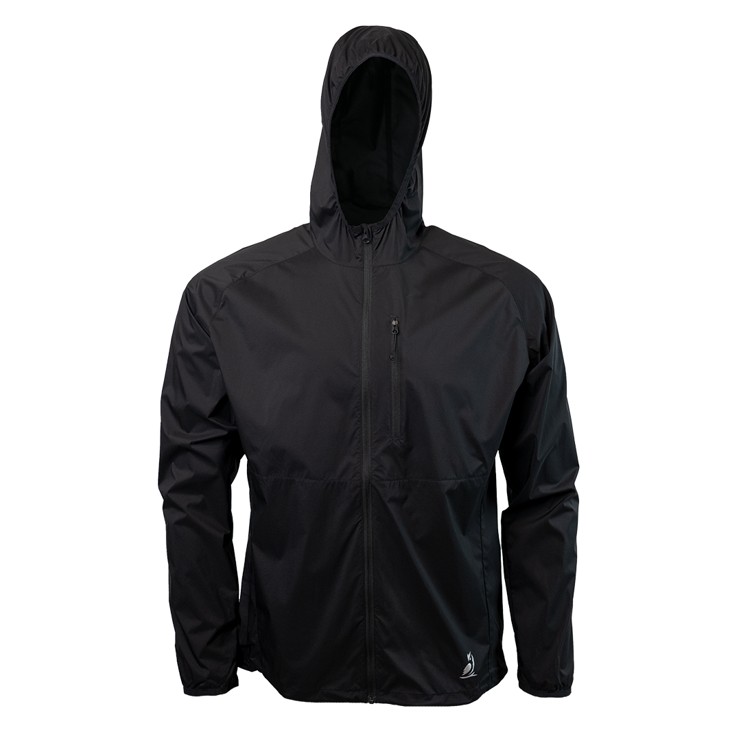 front view of black colored windbreaker jacket for backpacking
